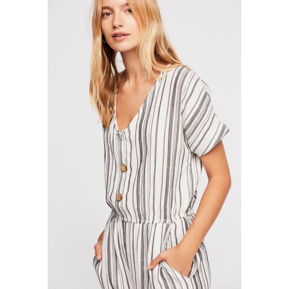 Jens Pirate Booty X Free People Ivory & Charcoal Striped Casual Boho Jumpsuit - Picture 5 of 14